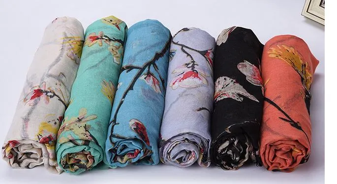 Fashion Branch Flower And Print Animal Scarf Women Tree Bird Shawl Wrap Animal Pattern Hijab Soft Lightweight Hijab 