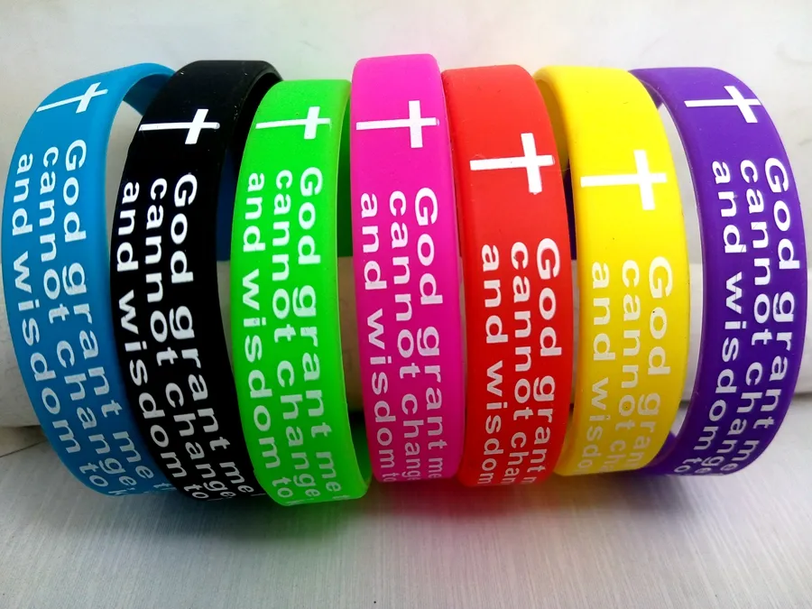 Color Mix Serenity Prayer "GOD GRANT ME.."Bible Cross Silicone bracelets Fashion Wristbands wholesale Men Women Christian Jewelry 