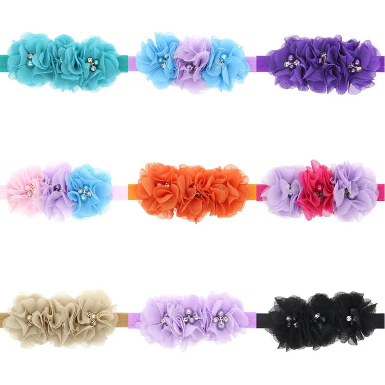 Yeni doğan kız Rhinestone Kurdele İnci hairbands dikiş Y-30 3 Çiçekler için Çocuklar çiçek Saç Aksesuarları toptan şifon headwer