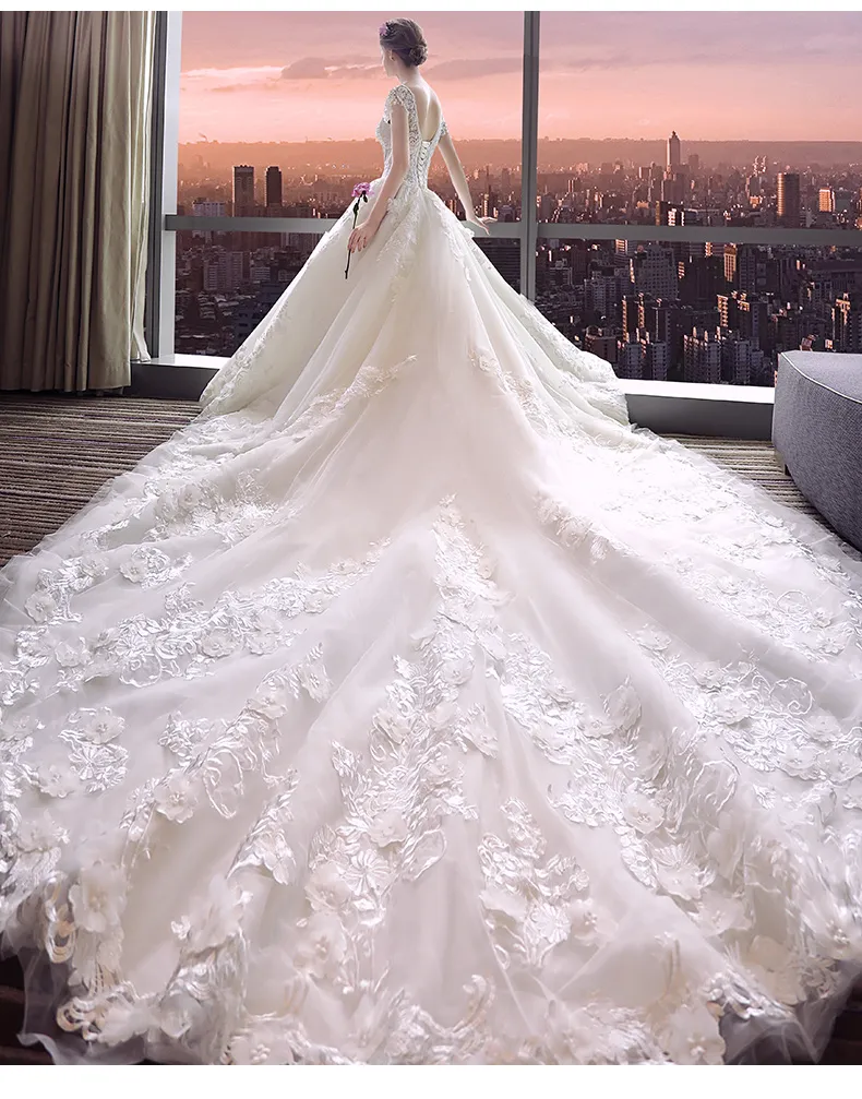 كاتدرائية طويلة قطار الزفاف فستان ضد العنق كاب غلاف الدانتيل زين 3D الألا
