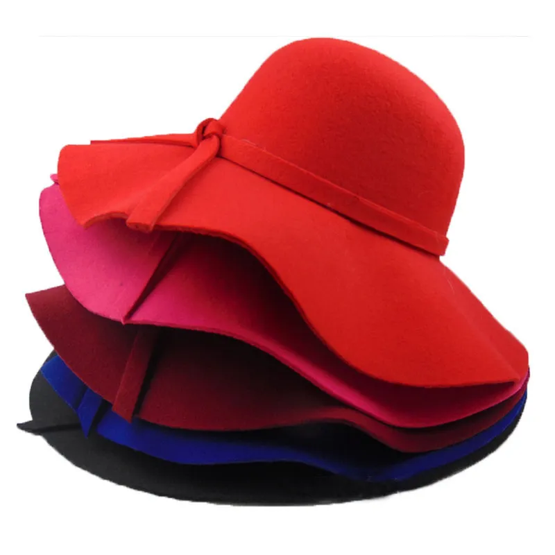 ヘプバルン帽子ファッションウールの女性ワイドブリム帽子ビーチちょう結び太陽のキャップエレガントなちょっと冬の暖かい帽子の母親と子供の帽子