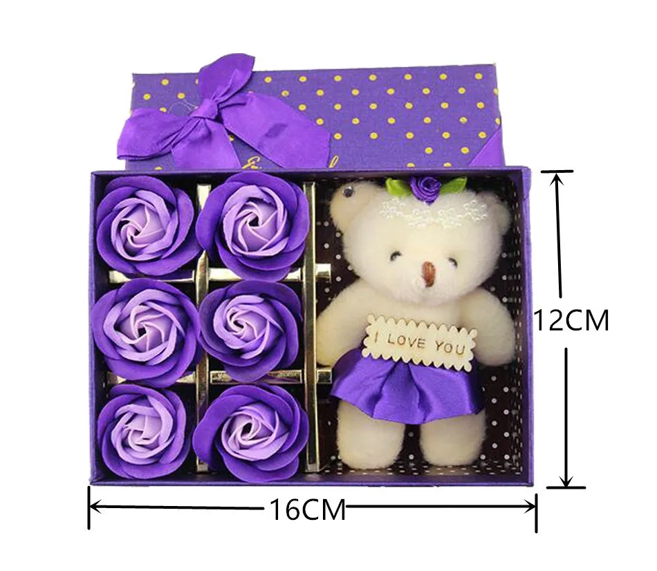 6 قطعة / صندوق رومانسية روز الصابون زهرة مع القليل لطيف الدب الدمية العظمى لعيد الحب giftsfor هدية الزفاف أو هدايا عيد الميلاد