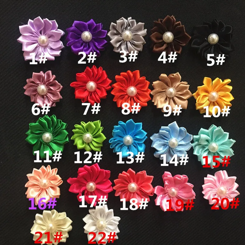Mini Satin ribbon Fabric Flower for Headbands DIY Polyester Flowers Rhinestone Pearl In Center Baby Girl Hair Accessory lot2685641