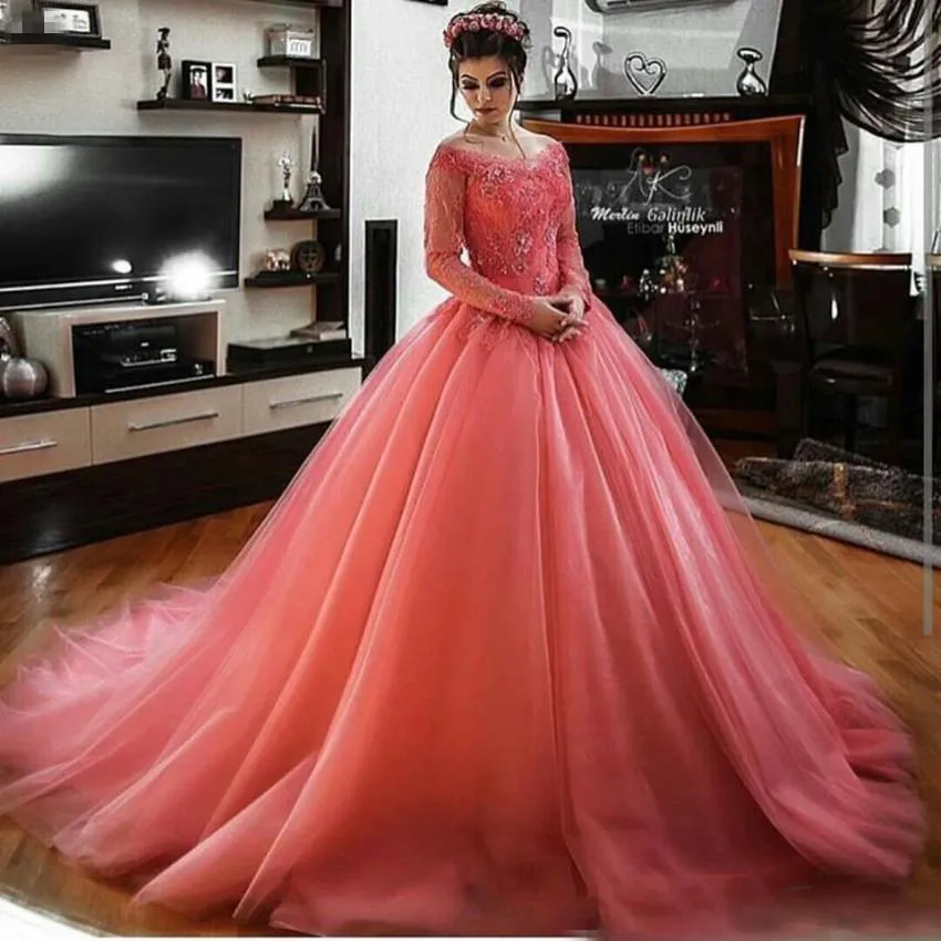 Coral evening gowns with sleeves top