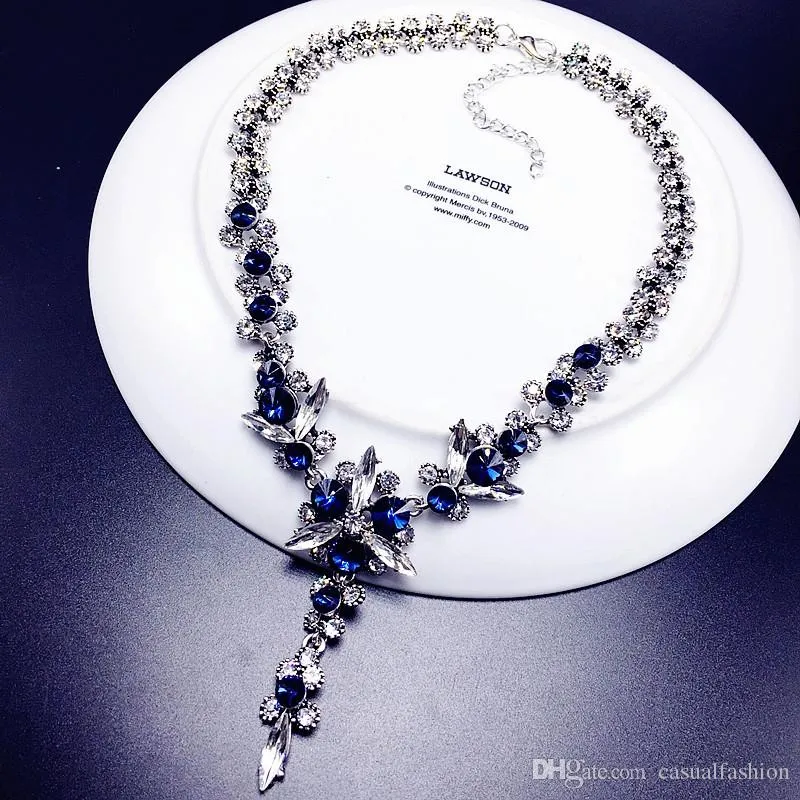 Top Quality Crystal Flower Necklaces Pendant Clavicle Jewelry Elegant Blue Necklace For Wedding Party Bridal Jewelrys