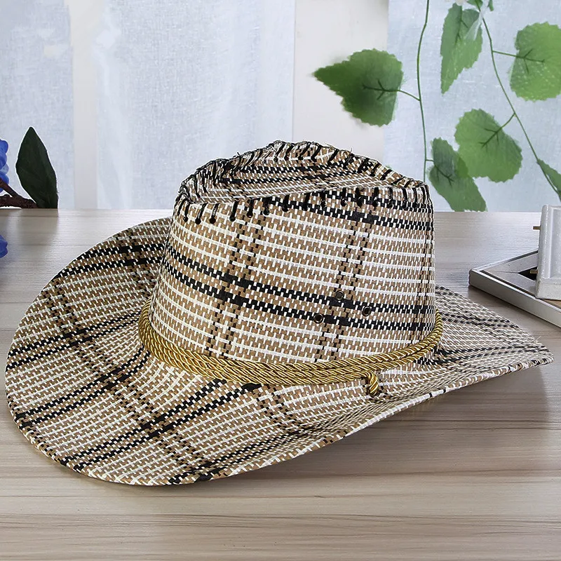 Men Plaid Straw Cowboy Hat With Rope Women Wild Brim... From  display picture 3