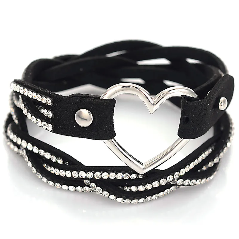 Bracelet en cuir Double corde tressée avec cristal et breloque en forme de cœur, ajustable, bijoux à la mode pour femmes