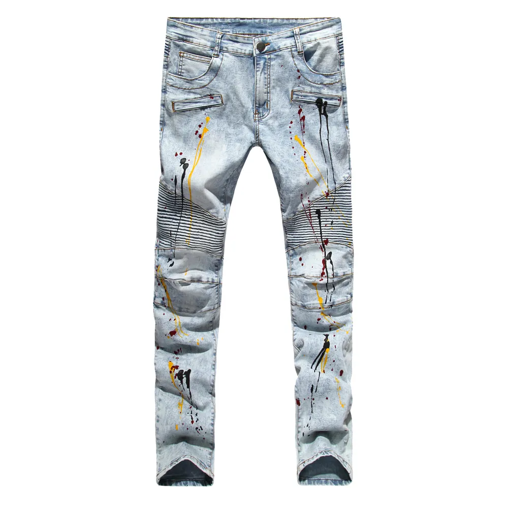 Vente en gros - Hommes Biker Jeans Design Jeans de mode pour hommes Hip Hop Strech Jeans plissés Europe et États-Unis commerce extérieur étranger