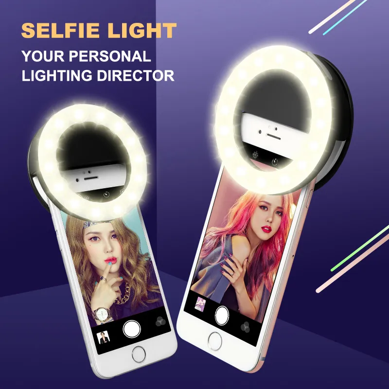 RK14 Uppladdningsbart selfie ringljus med LED-kamerafotografering Flash Light Up Selfie Lysous Ring med USB-kabel universell för alla telefoner