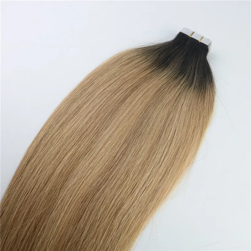 Tape In Muman Hair Extensions Ombre Hair Brazilian Virgin Hair Balayage Dark Brown till 27 Blonde Extensions Markera hudväft