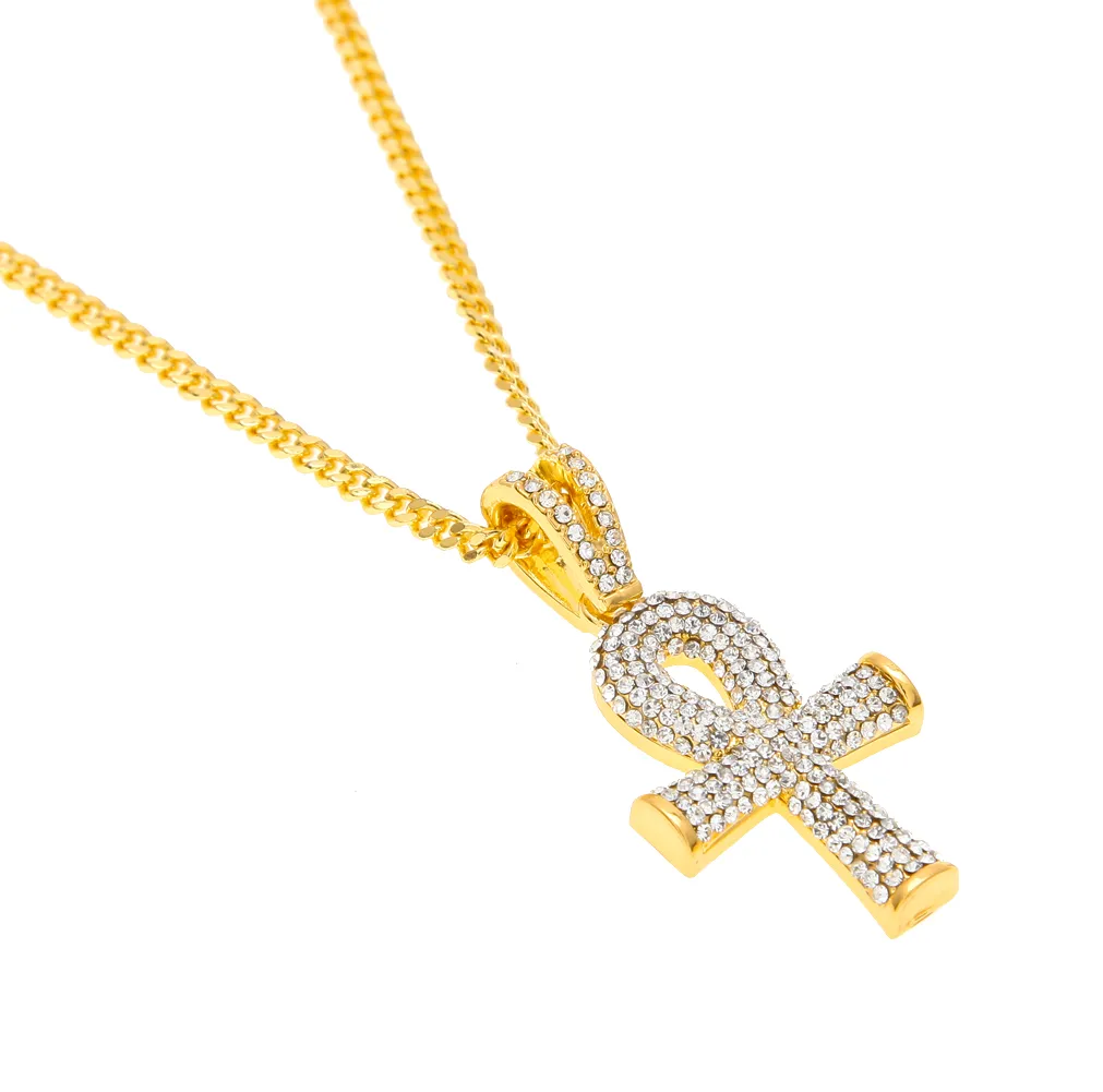 Ankh egiziano chiave della vita Bling ciondolo croce strass con pendenti rotondi in rubino rosso collane set gioielli hip-hop da uomo