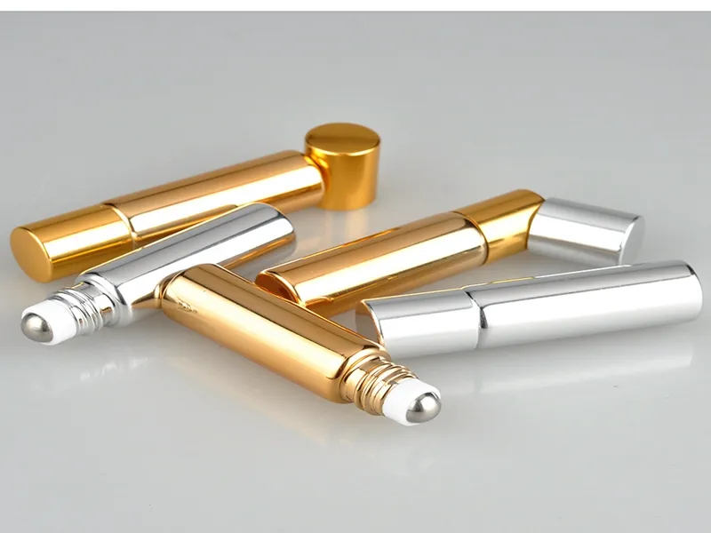 10st / Gratis frakt 5ml Metal Roller Refillerbar flaska för eteriska oljor UV-rullade glasflaskor Guld silverfärger