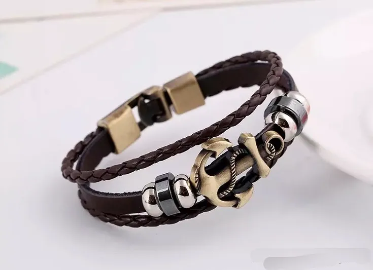 2017 bricolage en cuir charme bracelets pour hommes de mode bijoux de charme Punk cire corde poignets bracelets ancre multicouche alliage Bracelet