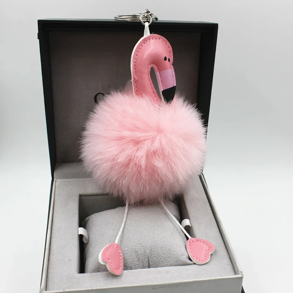 Heißer Verkauf Flamingo Pompon Schlüsselbund Schöne Flauschigen Künstliche Kaninchen Fell Ball Schlüssel Kette Tier Vogel Frauen Auto Tasche Schlüssel Ring