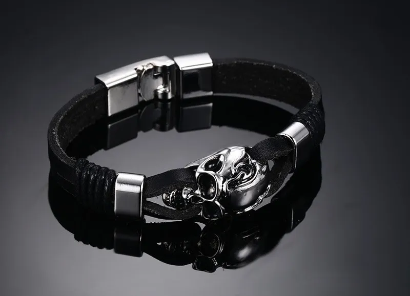 Punk Rock Mens Black Durable Leather Bracelets Gothic Skull Cuff Bangle Stainless Steel Skeleton Pulseiras Masculinas