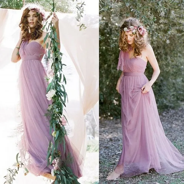 Elegante lavanda lilla estate giardino abiti da damigella d'onore una linea una spalla pieghe lungo chiffon tulle boho damigella d'onore abiti taglie forti