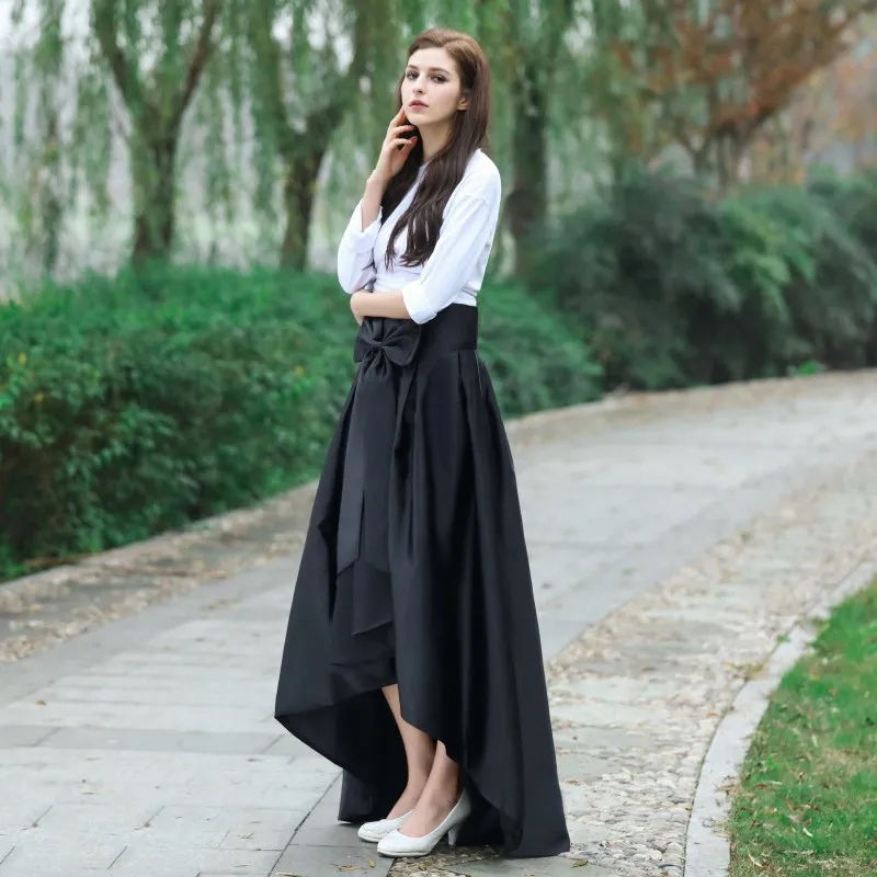 Preto de Alta Baixa Saia Com Arco Na Cintura Nova Moda Tafetá Babados Mulheres Saias Longas Barato Formal Vestido de Festa Frete Grátis