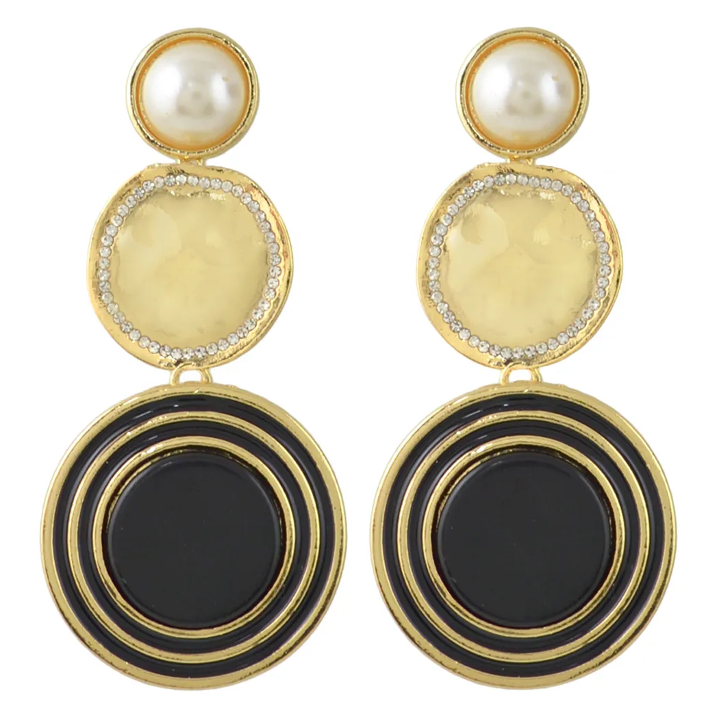 idealway Gold Plated Enamel Round Pearl Rhinestone Drop Earrings Jewelry Accessories For Women