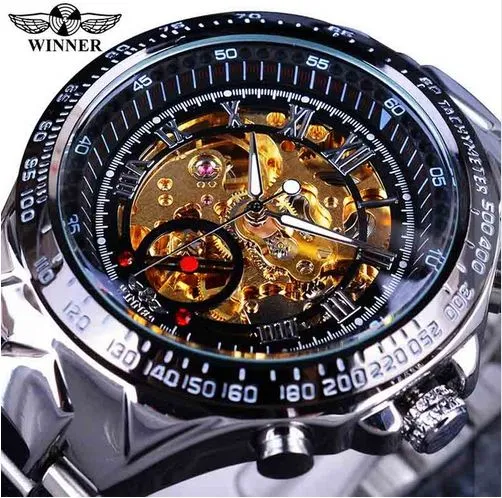 Vinnare Classic Serie Golden Movement Inside Silver Rostfritt Stål Mens Skelett Klocka Top Märke Luxury Fashion Automatic Watch