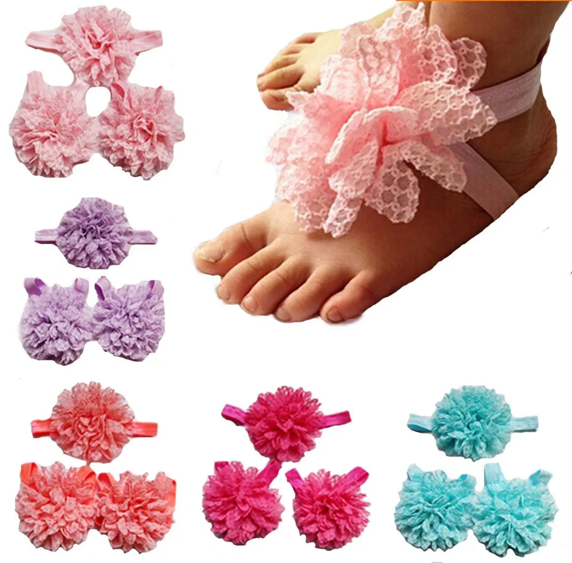 Hot Baby Girl Elastic Flowers Design Fascia del piede Legami Sandali a piedi nudi Scarpe in chiffon Puntelli economici per foto
