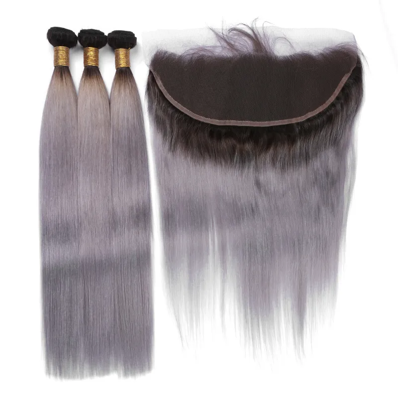 Brasiliansk silvergrå ombre mänskligt hår wefts med frontal 9a kroppsvåg # 1b / grå två ton ombre 13x4 spets frontal stängning med 3bundles