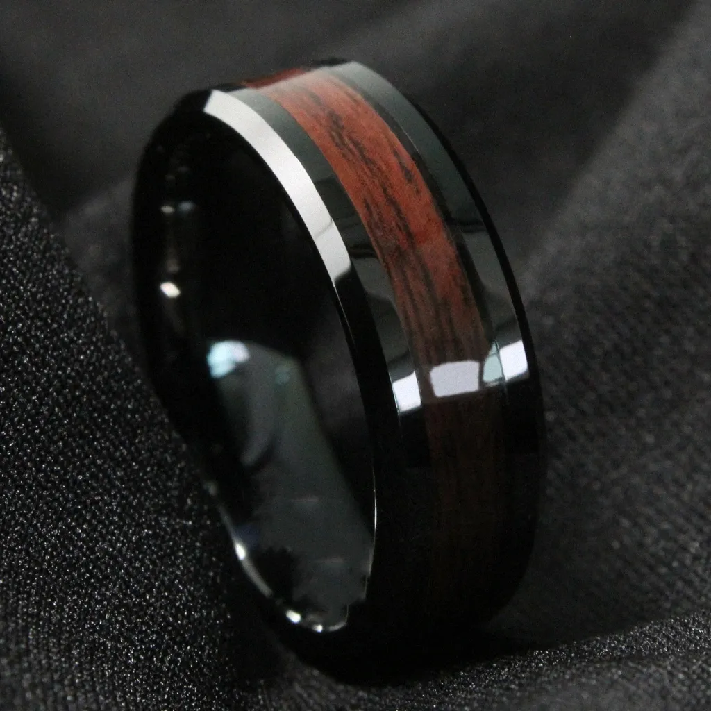 Queenwish Promise Rings 8mm Tungsten Carbide Ring Red Wood Inlay Black