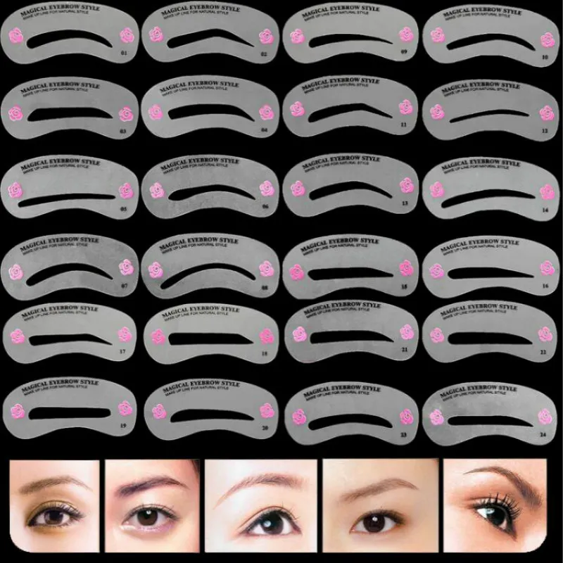 24 STKS PRO Herbruikbare Wenkbrauw Stencil Set Eye Brow DIY Tekening Gids Styling Shaping Grooming Template Card Easy Makeup Beauty Kit