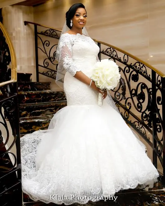 Abiti da sposa a sirena a maniche lunghe a 3/4 2019 Appliques di pizzo a pipistrello Tromba araba Abiti da sposa africani arabi Abiti da Noiva Plus Size