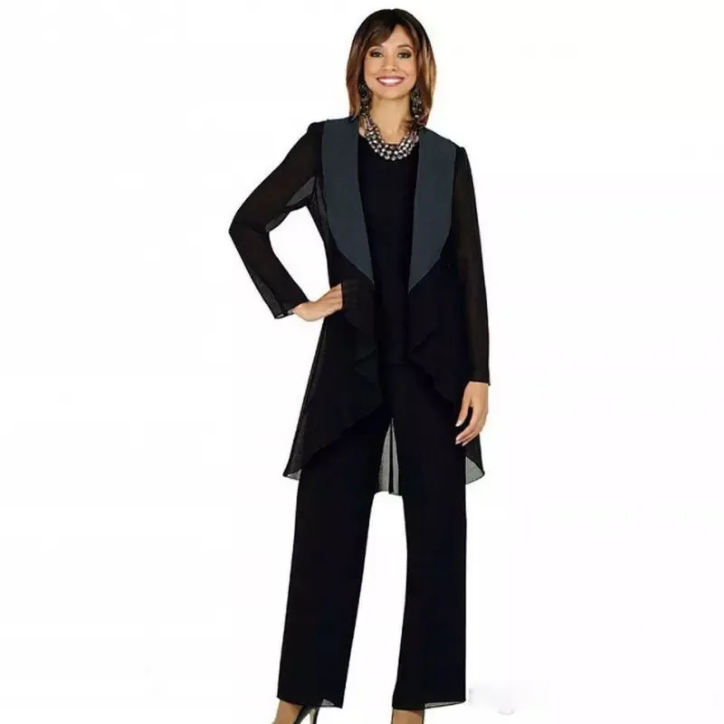 Classy Black Chiffon Mother Of The Bride Pant Suits Three Pieces ...