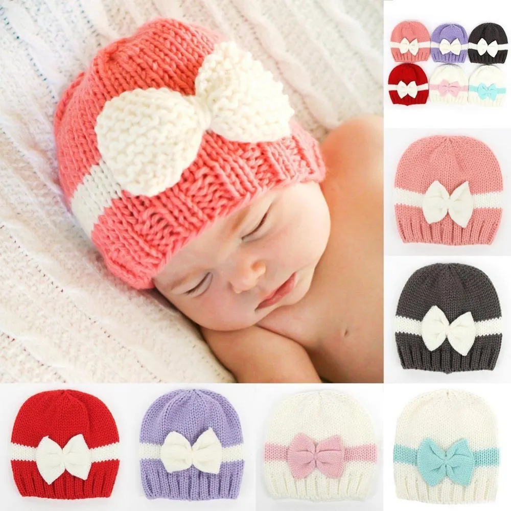 Tricoté Garçons Cap Enfants Filles Garçons Arc Noeud Tricoté Crochet Chapeau Nouveau-Né Hiver Chaud Cap Chapeaux D'hiver Pour Fille