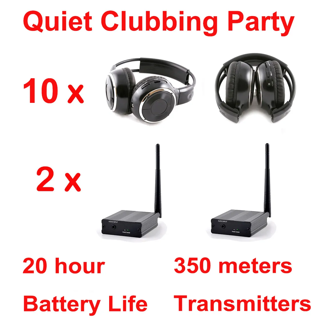 Silent Disco system cuffie wireless pieghevoli nere - Pacchetto Quiet Clubbing Party con 10 ricevitori pieghevoli e 1 trasmettitore Controllo della distanza di 500 m