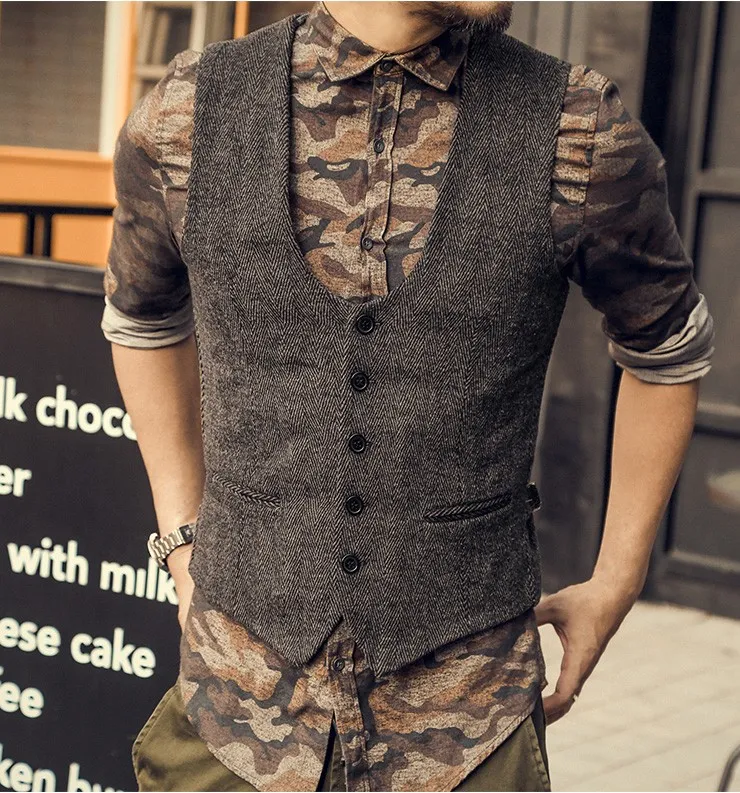 2019 Vintage Dress Västar för män Slim Fit Mäns kostym Vest Male Waistcoat Gilet Hem Casual Ärmlös Formell Business Jacket Bundet tillbaka