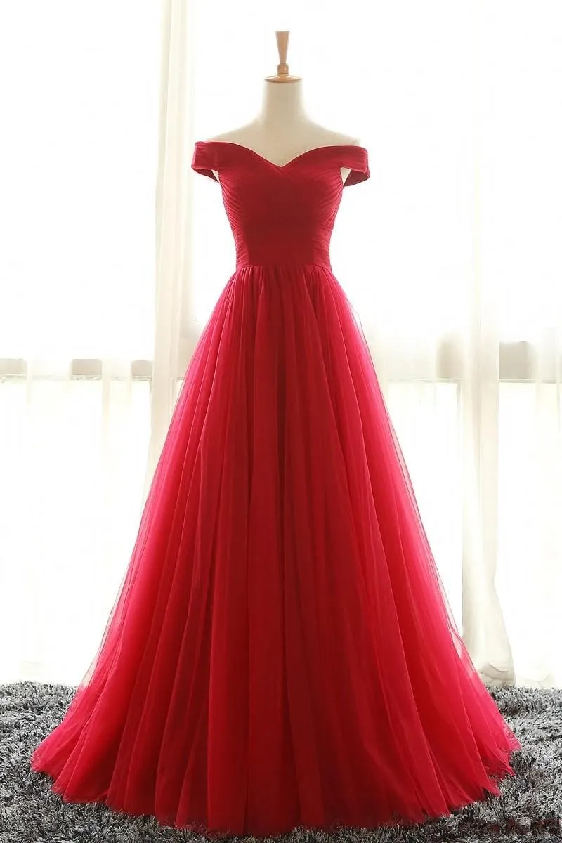 Cheap Off Shoulder Red Evening Dresses 2020 Tulle Party Gowns Sweep Train Pleated Plus Size Corset Formal Prom Dress