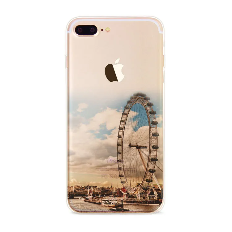 Apple iPhone 6 6S più iphone 7 Plus SE custodia in silicone paesaggio casi cellulare placcatura TPU Elizabeth Tower Big Ben Eiffel 012