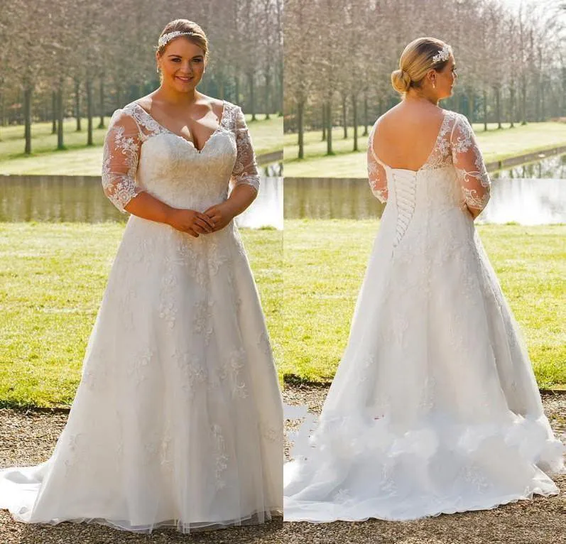 Plus Size A Line Wedding Dresses Half Sleeve Appliques Lace Wedding Bridal Gown Lace up Sweep Train Deep V Neck Custom Made