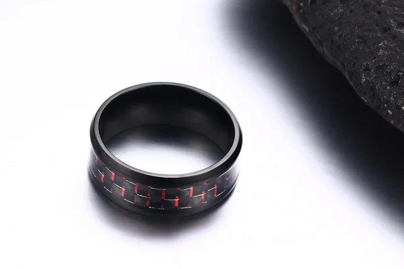 316l Stainless Steel Jewelry Men's Ring Wedding Band With Blue Red Yellow Charm Engagement Carbon Fiber Inlay, Comfort Fit 8mm