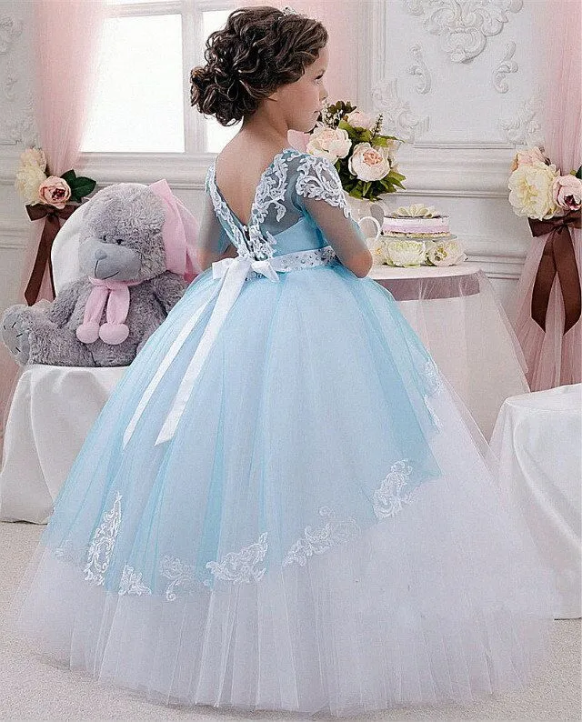 Applique Ball Gown Big Bow Lace-up Sleeveless Jewel Charming Kids Dresses New Arrival Cute Flower Gril Dresses