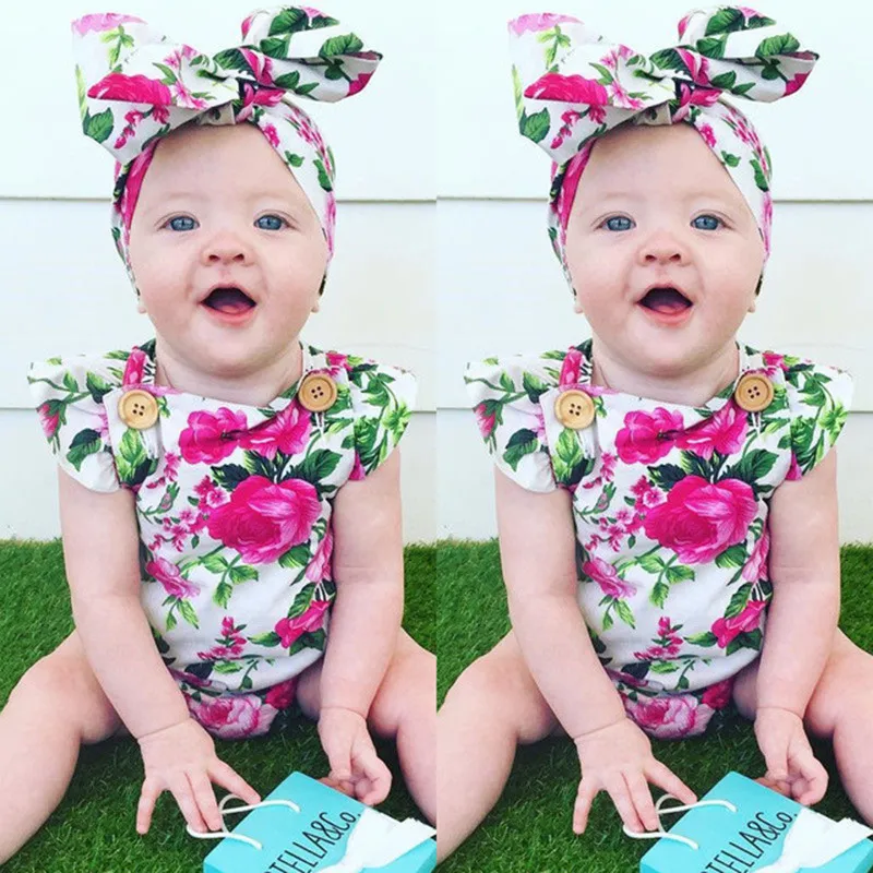 6 stilar Spädbarn Baby Girl Floral Rompers Bodysuit med huvudband Ruffles Sleeve Set Knappar 2017 Sommar Ins Romper Passar Gratis DHL