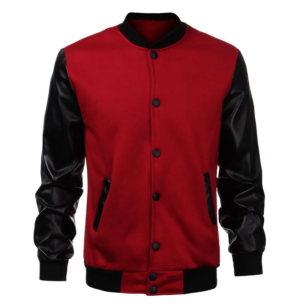 Hurtownie- 2016 Moda Design Cool College Baseball Kurtka Mężczyźni Czarny PU Skórzany Sleeve Sleeve Męski Slim Fit Varsity Bomber Jacket