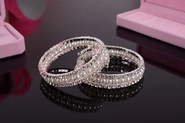 Luxury Pearls 3 Rows Rhinestones Stretch Bangle Wedding Bracelets Bridal Jewelry Cheap Crystals Bracelet For Bride Evening Prom Party