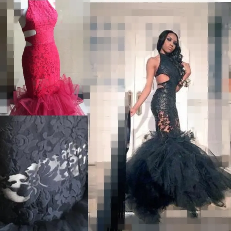 IMMAGINE REALE 100% Black Girls Mermaid Prom Dresses 2019 Sheer Lace Applique Sexy Backless Ruffles Gonna Abiti formali Abiti da sera