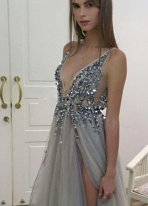 2017 Sexy Paolo Sebastian Evening Dresses Deep V Neck Beaded Crystal Tulle High Split Long Gray Evening Gowns Prom Party Dresses