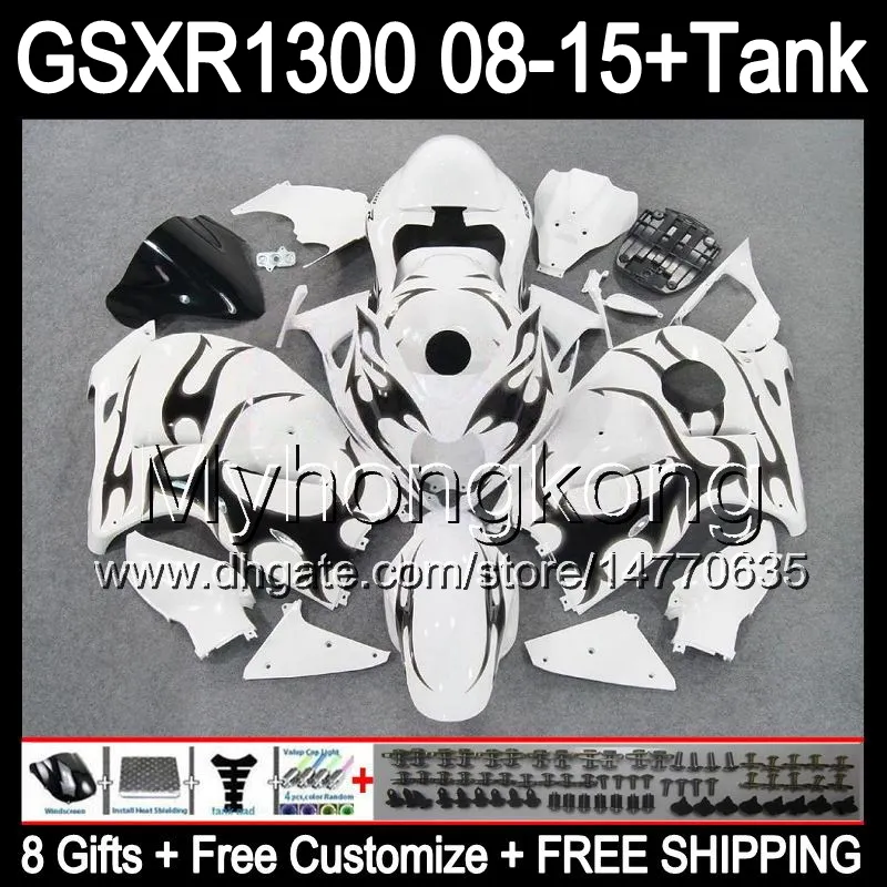 8 regali per SUZUKI Hayabusa GSXR1300 08 15 GSXR-1300 14MY34 fiamme nere GSXR 1300 GSX R1300 08 09 10 11 12 13 14 15 Kit carenatura bianco lucido