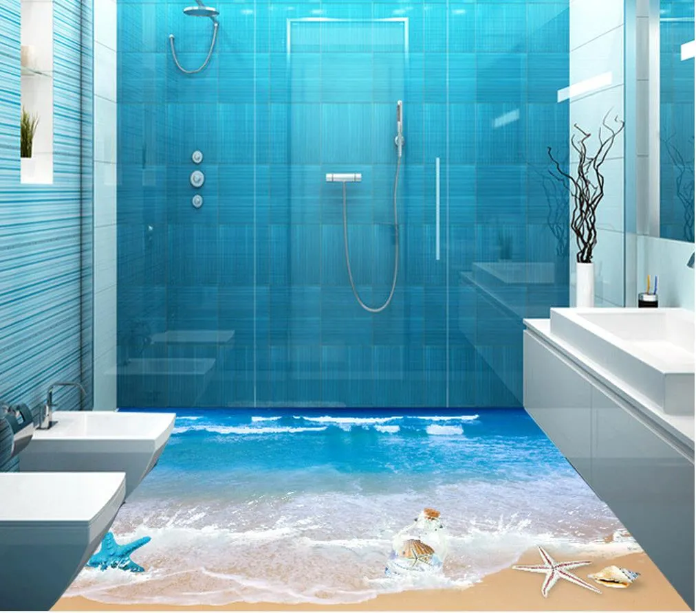 Top Klassische 3D europäischen Stil 3D-Strand Bad mit Bodenwasserdichte Tapete für Badezimmerwand