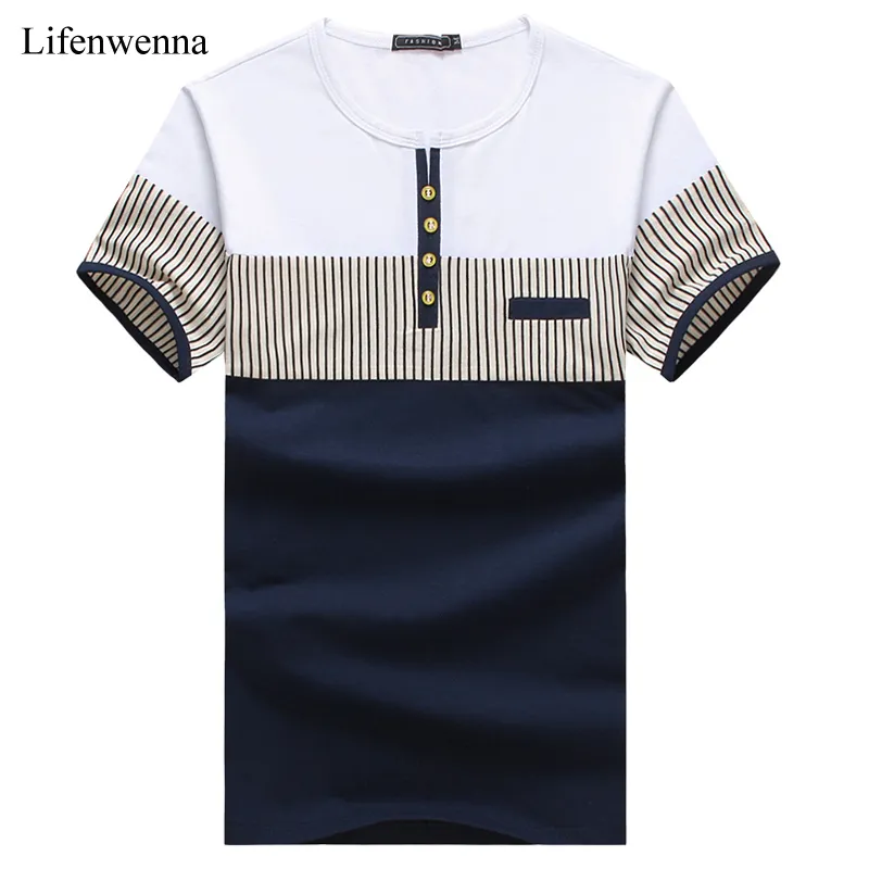 Wholesale- New Fashion Men's T Shirt Summer O-Neck Short Sleeve Stripe T-Shirt Mens Clothing Trend Casual Slim Fit Buttons Top Tees 5XL