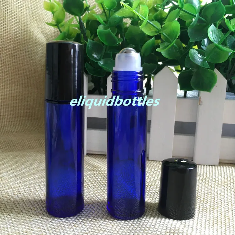 Stock Vente Vide Bleu Verre Roll On Bouteilles pour Parfum 10ml Huile Essentielle Verre Roll On Bouteilles Avec Boule En Acier Inoxydable Bouchon Noir