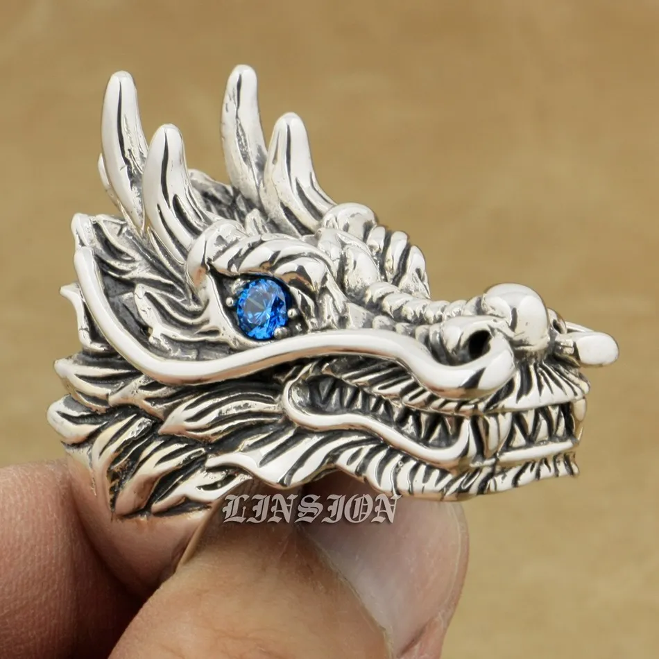 Милин огромный тяжелый 925 стерлингового серебра дракона синий CZ глаза мужская байкер рокер панк 9D110 US размер от 7 до 15
