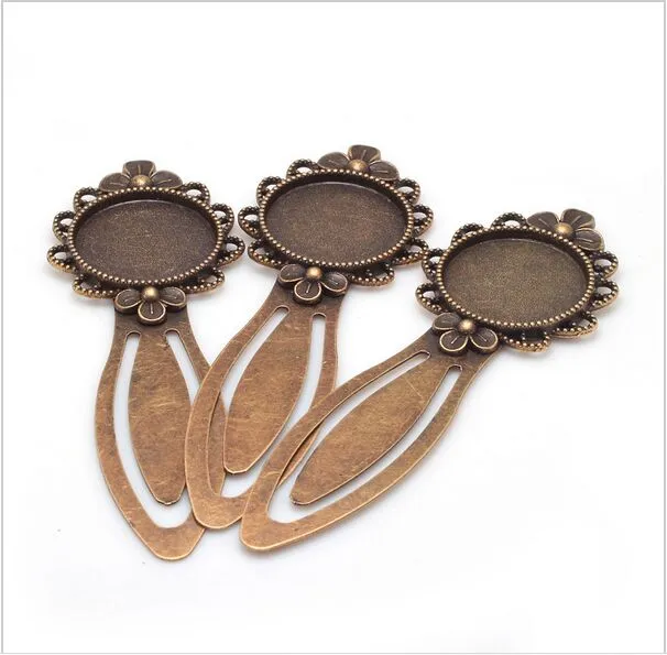 Antique Bronze Cameo Flower Steel Bookmarks 20mm Round Cabochon Settings Jewelry Blank Charms 28x83mm