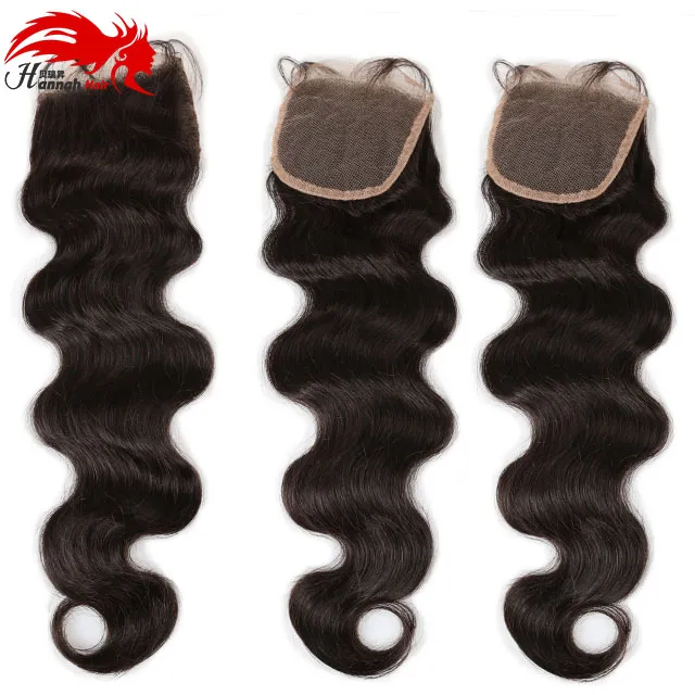 Hannah Product Body Wave 4x4 Zijde Basissluiting Peruaanse Menselijk Hair Extensions 130% Dichtheid Bouncy Wave Sluiting met babyhaar