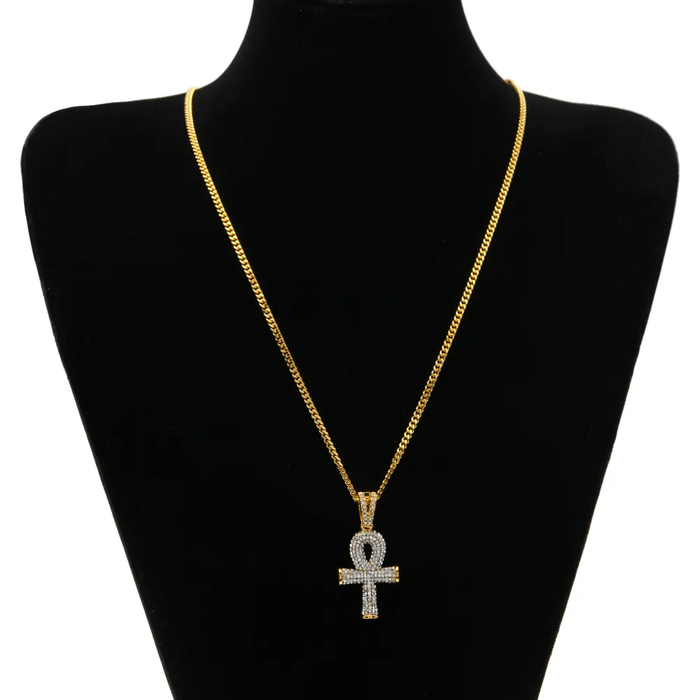 Hip Hop Gold Plated Cross Necklace Mens Full Iced Out Crystal Egyptian Ankh Key Pendant Necklace With 24'' Cuban Chain